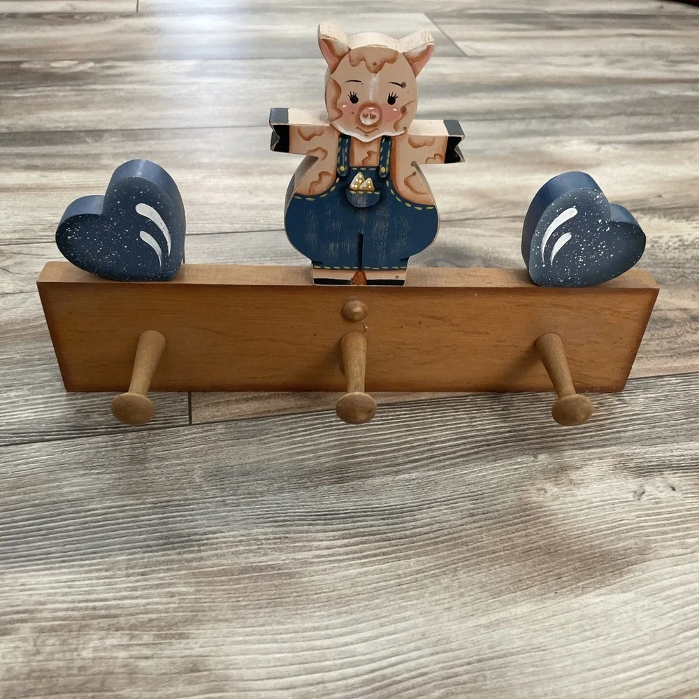 Wood Wall Mounted Coat & Hat Rack, 3 Hooks, Blue Heart & Pig Accents Cottage